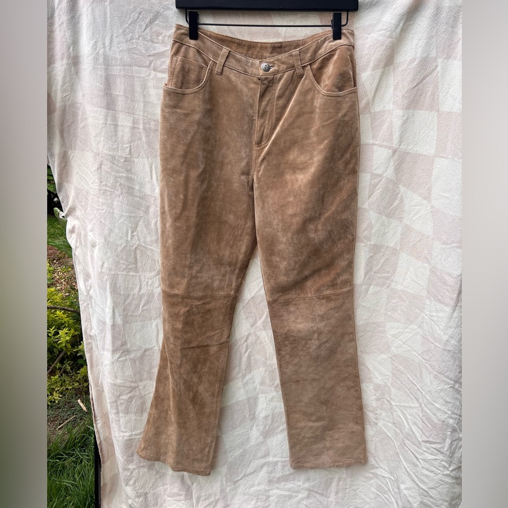 Vintage Chicos Design Womens Tan 100% Suede Straight Leg Pants Sz .5 Waist
